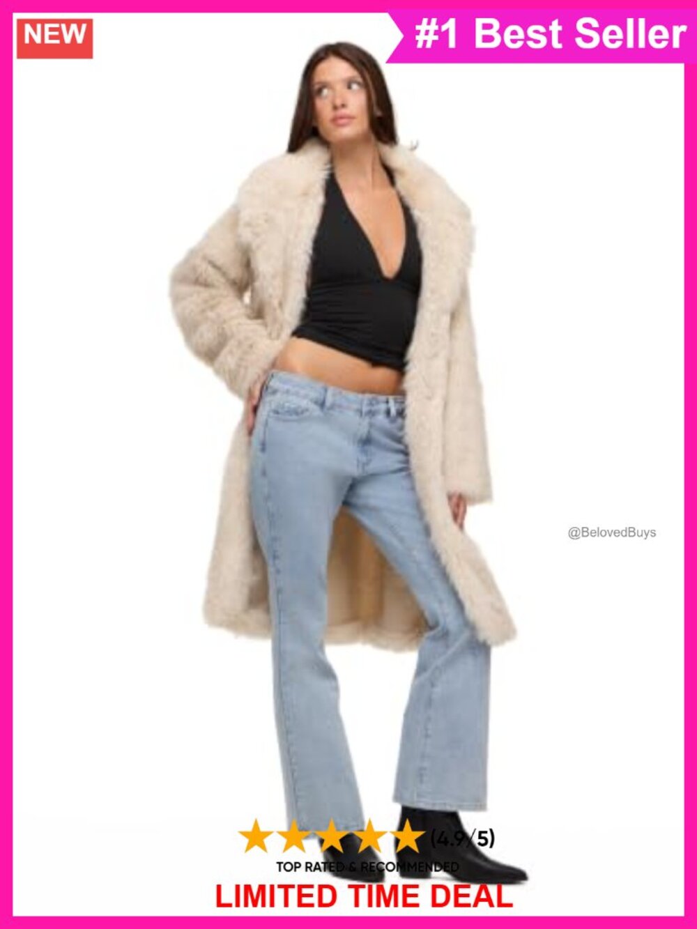 Faux Fur Trench Coat Knee Length Long Sleeve Statement Outerwear